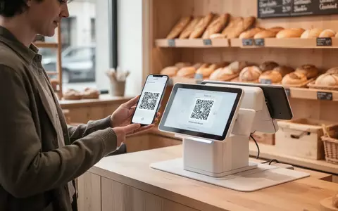 Ein Kunde scannt einen QR-Code an einem digitalen Kassensystem in einer Bäckerei. - Foto: über boerse-global.de