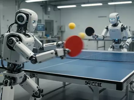 Zwei humanoide Roboter spielen autonom Tischtennis in einer professionellen Umgebung. - Foto: über boerse-global.de