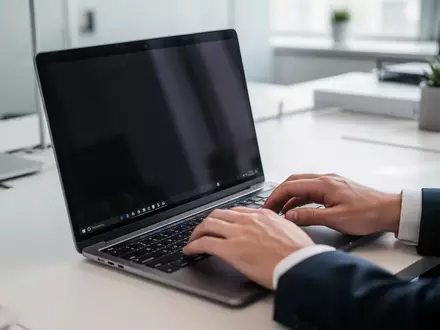 Nahaufnahme einer Person an einem modernen Laptop in einem hellen Büro, Fokus auf die professionelle Arbeitsumgebung. - Foto: über boerse-global.de