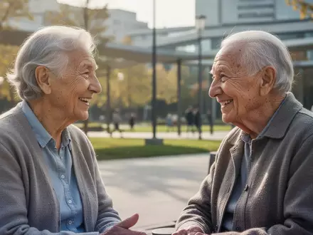Zwei ältere Menschen unterhalten sich angeregt und freundschaftlich in einem sonnigen Park. - Foto: über boerse-global.de