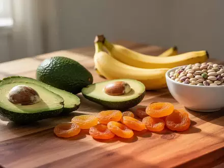 Eine Auswahl an kaliumreichen Lebensmitteln wie Avocados, Bananen und Hülsenfrüchte auf einem Holztisch. - Foto: über boerse-global.de