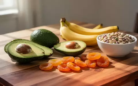 Eine Auswahl an kaliumreichen Lebensmitteln wie Avocados, Bananen und Hülsenfrüchte auf einem Holztisch. - Foto: über boerse-global.de