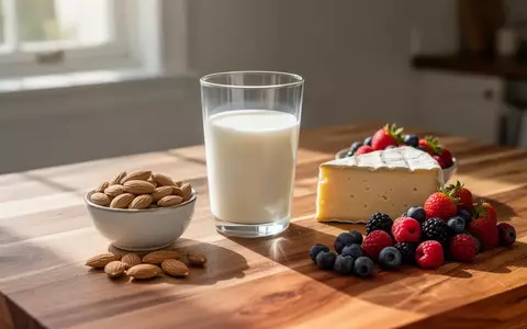 Ein hölzerner Küchentisch mit einem Glas Milch, Mandeln, Käse und Beeren in natürlichem Licht. - Foto: über boerse-global.de