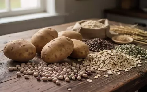 Frische, ballaststoffreiche Lebensmittel wie Kartoffeln, Hülsenfrüchte und Hafer auf einem rustikalen Holztisch. - Foto: über boerse-global.de