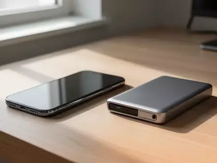 Ein modernes Smartphone liegt neben einer externen SSD-Festplatte auf einem sauberen Schreibtisch bei natürlichem Licht. - Foto: über boerse-global.de