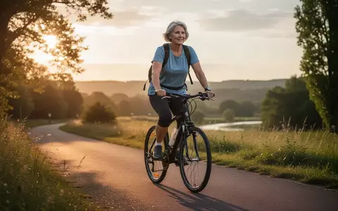 Eine aktive Person über 50 fährt bei Sonnenuntergang mit dem Fahrrad auf einem Weg im Freien. - Foto: über boerse-global.de
