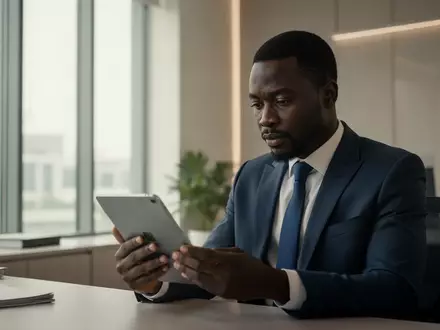 Ein professioneller Geschäftsmann betrachtet ein Tablet in einem modernen Büro, das die Regulierung von KI-Systemen symbolisiert. - Foto: über boerse-global.de