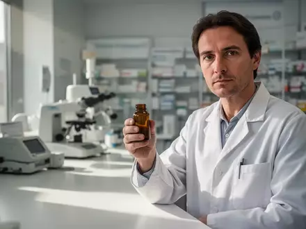 Ein Apotheker hält eine leere Medizinflasche in einer modernen Apotheke, während im Hintergrund medizinische Geräte sichtbar sind. - Foto: über boerse-global.de