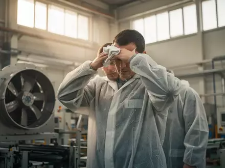 Ein Fabrikarbeiter in einer Industriehalle wischt sich bei Hitze den Schweiß von der Stirn. - Foto: über boerse-global.de