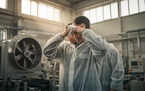 Ein Fabrikarbeiter in einer Industriehalle wischt sich bei Hitze den Schweiß von der Stirn. - Foto: über boerse-global.de