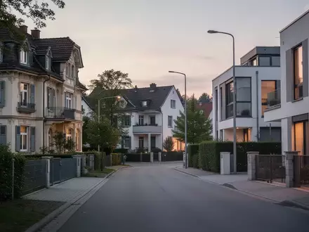 Ein ruhiges Wohnviertel mit einer Mischung aus historischen Villen und modernen Häusern bei Dämmerung. - Foto: über boerse-global.de