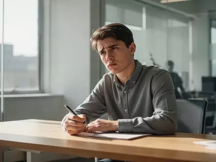 Ein junger Arbeitnehmer sitzt nachdenklich an einem minimalistischen Schreibtisch in einem modernen Büro. - Foto: über boerse-global.de