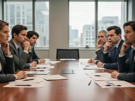 Zwei Gruppen von Geschäftsleuten sitzen in einem hellen Konferenzraum an einem Tisch und wirken nachdenklich und konzentriert. - Foto: über boerse-global.de