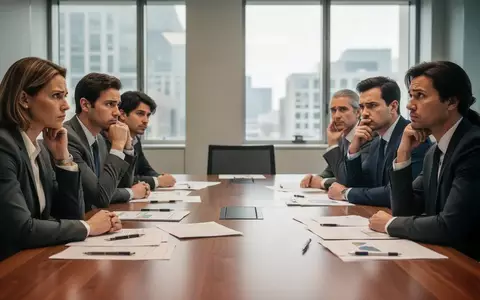 Zwei Gruppen von Geschäftsleuten sitzen in einem hellen Konferenzraum an einem Tisch und wirken nachdenklich und konzentriert. - Foto: über boerse-global.de