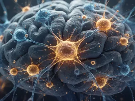 Mikroskopische Aufnahme von Astrozyten und neuronalem Gewebe in einem Labor zur Veranschaulichung der Gehirnregeneration. - Foto: über boerse-global.de
