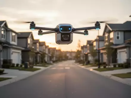 Eine autonome Lieferdrohne fliegt über ein Wohngebiet, um den Lieferprozess für Uber Eats zu unterstützen. - Foto: über boerse-global.de