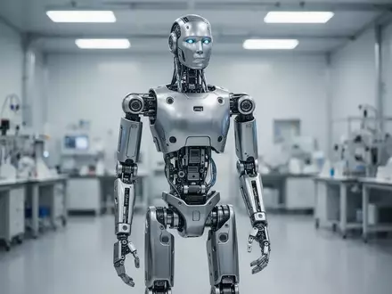 Ein hochmoderner humanoider Roboter steht in einem hellen, sterilen Industrielabor für Tests. - Foto: über boerse-global.de