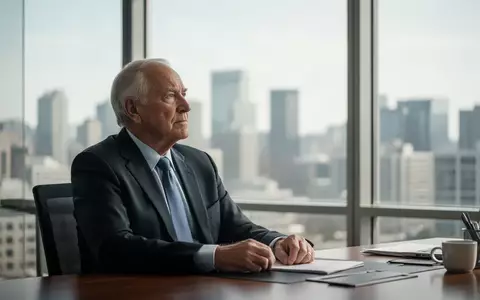 Ein älterer Angestellter in einem modernen Büro blickt nachdenklich aus einem Fenster. - Foto: über boerse-global.de