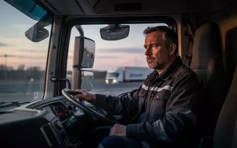 Ein nachdenklicher Lkw-Fahrer sitzt in der Fahrerkabine eines Lastwagens während der Dämmerung. - Foto: über boerse-global.de