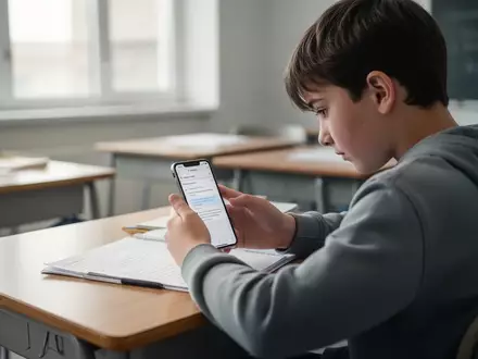 Ein Schüler nutzt ein Smartphone für Schularbeiten in einem hellen Klassenzimmer. - Foto: über boerse-global.de