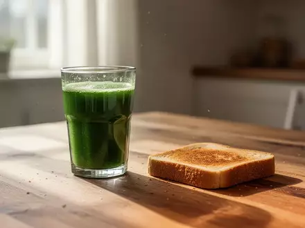 Ein Glas frischer grüner Gemüsesaft neben einer Scheibe Toastbrot auf einem Holztisch bei natürlichem Tageslicht. - Foto: über boerse-global.de