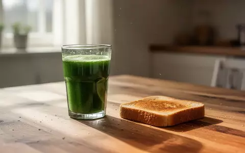 Ein Glas frischer grüner Gemüsesaft neben einer Scheibe Toastbrot auf einem Holztisch bei natürlichem Tageslicht. - Foto: über boerse-global.de