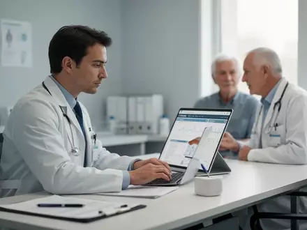 Ein Arzt in einem Behandlungszimmer spricht mit einem Patienten über medizinische Befunde. - Foto: über boerse-global.de