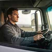 Ein Berufskraftfahrer sitzt in einem modernen LKW-Fahrerhaus und blickt konzentriert auf die Straße. - Foto: über boerse-global.de