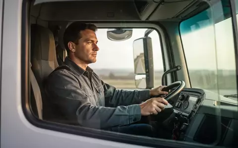 Ein Berufskraftfahrer sitzt in einem modernen LKW-Fahrerhaus und blickt konzentriert auf die Straße. - Foto: über boerse-global.de