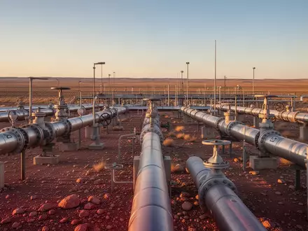 Industrielle Ölpipeline-Infrastruktur in einer weiten Wüstenlandschaft bei Sonnenuntergang. - Foto: über boerse-global.de