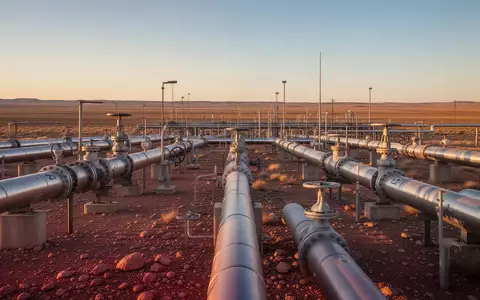 Industrielle Ölpipeline-Infrastruktur in einer weiten Wüstenlandschaft bei Sonnenuntergang. - Foto: über boerse-global.de