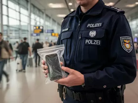 Ein Polizeibeamter in Uniform hält ein sichergestelltes Smartphone in einem Beweismittelbeutel an einem Flughafen. - Foto: über boerse-global.de