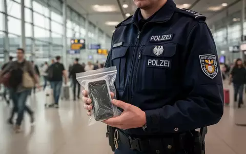 Ein Polizeibeamter in Uniform hält ein sichergestelltes Smartphone in einem Beweismittelbeutel an einem Flughafen. - Foto: über boerse-global.de
