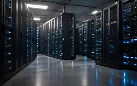 Reihen von Server-Racks in einem modernen Rechenzentrum mit blau leuchtenden Statusanzeigen. - Foto: über boerse-global.de