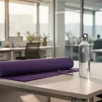 Ein moderner, heller Büroraum mit einer Yogamatte und einer Wasserflasche auf einem Schreibtisch. - Foto: über boerse-global.de