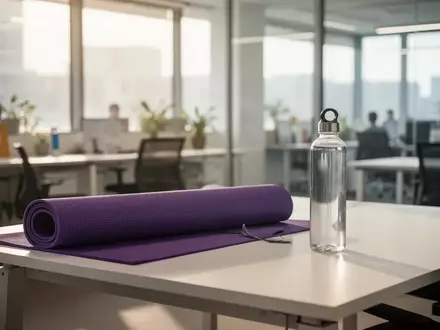 Ein moderner, heller BĂŒroraum mit einer Yogamatte und einer Wasserflasche auf einem Schreibtisch. - Foto: ĂŒber boerse-global.de