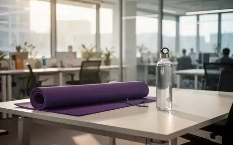 Ein moderner, heller Büroraum mit einer Yogamatte und einer Wasserflasche auf einem Schreibtisch. - Foto: über boerse-global.de