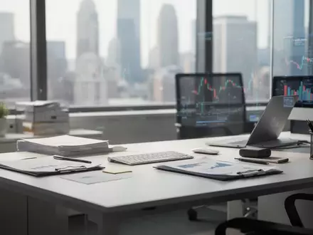 Ein moderner, heller Schreibtisch in einem Büro mit Blick auf eine verschwommene Stadtlandschaft. - Foto: über boerse-global.de