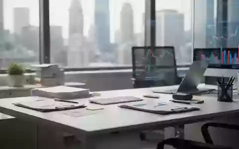 Ein moderner, heller Schreibtisch in einem Büro mit Blick auf eine verschwommene Stadtlandschaft. - Foto: über boerse-global.de