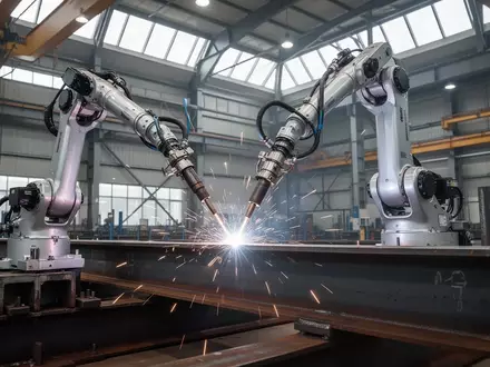Ein präziser Schweißroboter bearbeitet einen massiven Stahlträger in einer modernen, automatisierten Fabrikhalle. - Foto: über boerse-global.de