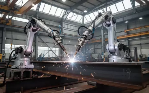 Ein präziser Schweißroboter bearbeitet einen massiven Stahlträger in einer modernen, automatisierten Fabrikhalle. - Foto: über boerse-global.de