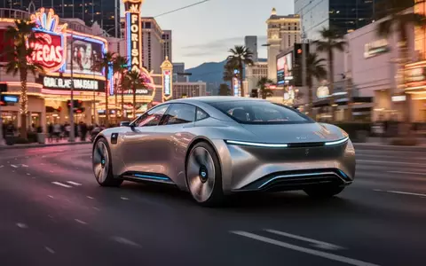 Ein autonomes Tesla-Fahrzeug fährt bei Dämmerung auf dem Las Vegas Strip vor der Kulisse beleuchteter Hotel- und Casinofassaden. - Foto: über boerse-global.de