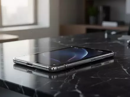 Ein faltbares Smartphone liegt auf einem eleganten Schreibtisch in einem modernen Büro. - Foto: über boerse-global.de