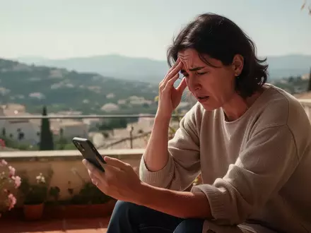 Eine gestresste Person sitzt auf einer sonnigen Terrasse und blickt frustriert auf ihr Smartphone. - Foto: über boerse-global.de
