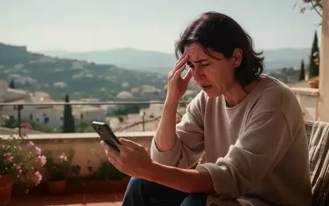 Eine gestresste Person sitzt auf einer sonnigen Terrasse und blickt frustriert auf ihr Smartphone. - Foto: über boerse-global.de