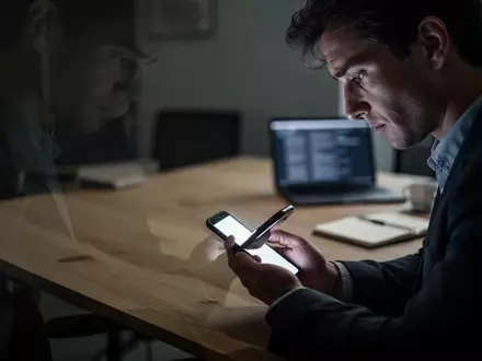 Eine Person sitzt gestresst an einem Schreibtisch und schaut in einem abgedunkelten Büro auf ein Smartphone. - Foto: über boerse-global.de