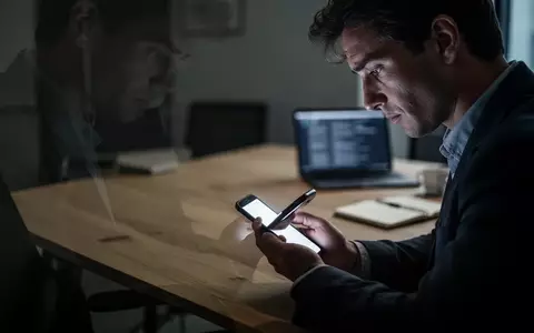 Eine Person sitzt gestresst an einem Schreibtisch und schaut in einem abgedunkelten Büro auf ein Smartphone. - Foto: über boerse-global.de
