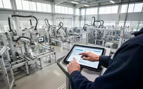 Ein Facharbeiter in einer modernen deutschen Industriehalle nutzt ein digitales Tablet zur Steuerung automatisierter Anlagen. - Foto: über boerse-global.de