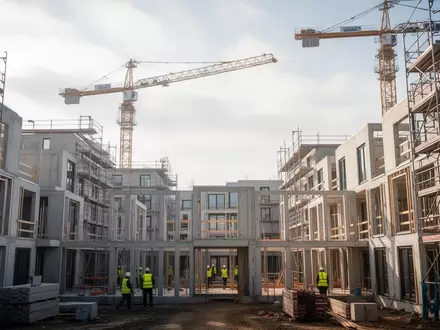Eine Baustelle für moderne Wohngebäude mit Kränen und Baugerüsten bei Tageslicht. - Foto: über boerse-global.de