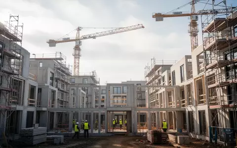 Eine Baustelle für moderne Wohngebäude mit Kränen und Baugerüsten bei Tageslicht. - Foto: über boerse-global.de